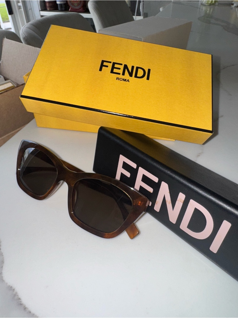 Fendi Brown Tortoiseshell Square Sunglasses with Logo Case